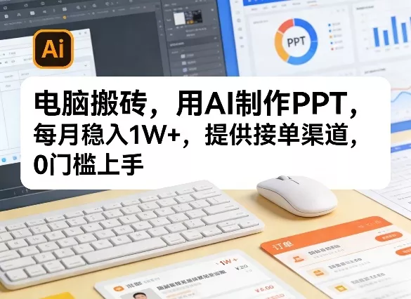 电脑搬砖，用AI制作PPT，每月稳入1W+，提供接单渠道，0门槛上手！