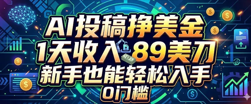 AI投稿挣美刀，1天收入89刀，新手也能轻松入手，0门槛