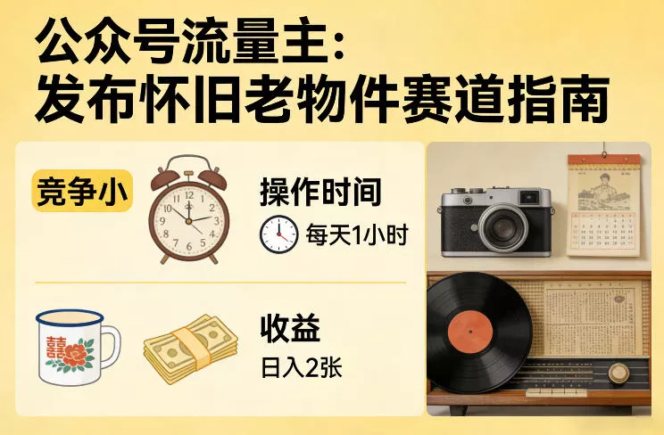 公众号流量主之发布怀旧老物件赛道，竞争小，每天操作1小时，日入2张
