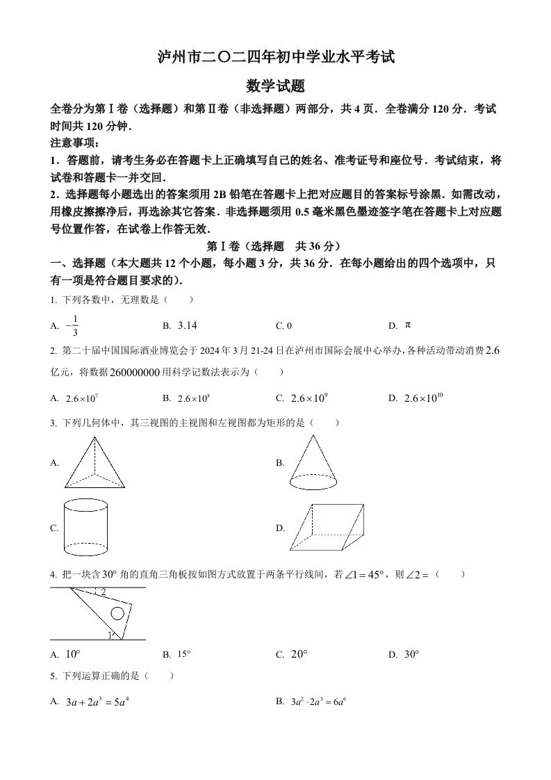2024年四川省泸州市中考数学试题（空白卷）
