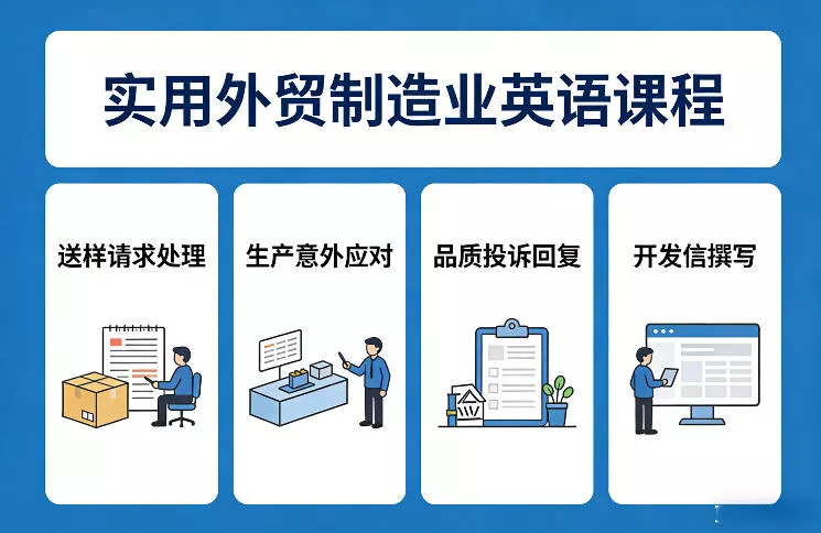 实用外贸制造业英语课程，教你专业处理送样请求、应对生产意外、回复品质投诉、撰写开发信等