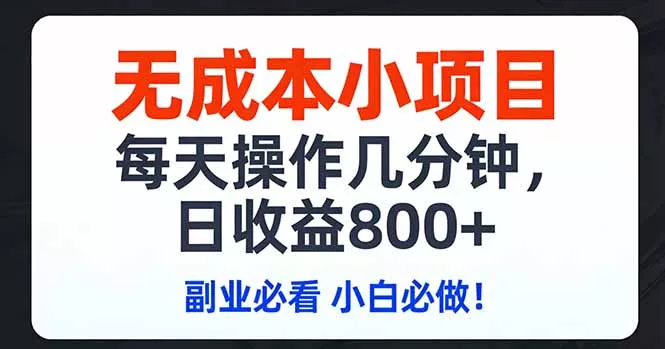 无成本小项目,每天操作几分钟,日收益800+ 副业必看 小白必做！