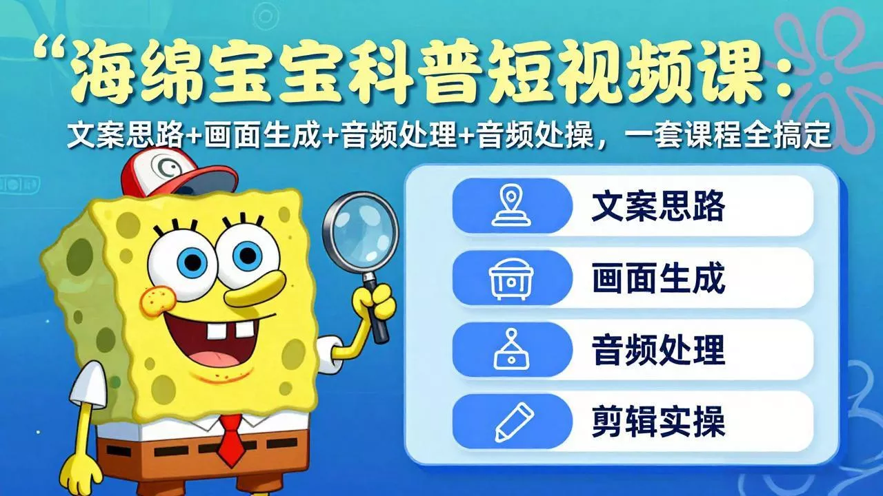 海绵宝宝科普短视频课：文案思路+画面生成+音频处理+剪辑实操，一套课程全搞定