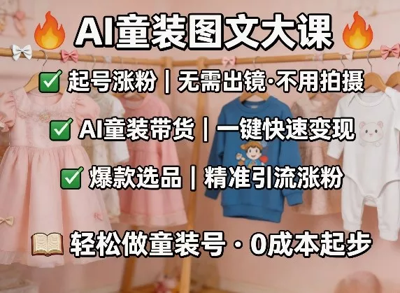 AI童装图文剪辑，某社群童装图文大课，起号涨粉、AI童装带货、爆款选品，无需出镜和拍摄