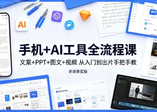 手机+AI工具全流程课，文案+PPT+图文+视频，从入门到出片手把手教，多场景实操