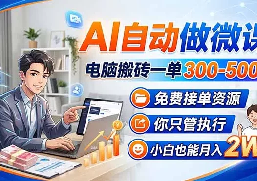 AI自动做微课，电脑搬砖一单300-500+，免费接单资源，你只管执行，小白也能月入2W+